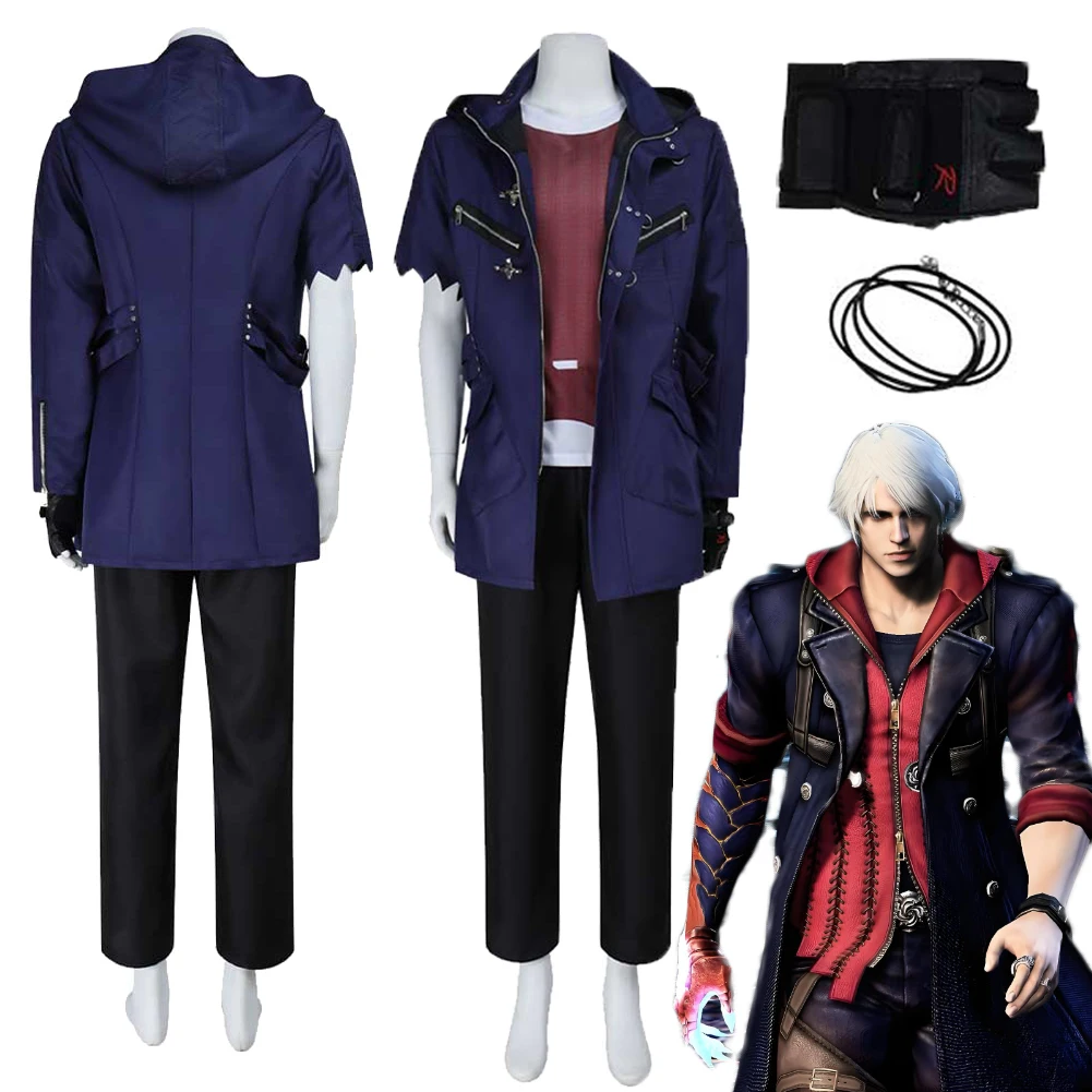 

Disguise Game DMC 5 Nero Cosplay Blue Coat Costume Set Jacket Red T-shirt Outfits Halloween Clothing Carnival For Adult Men