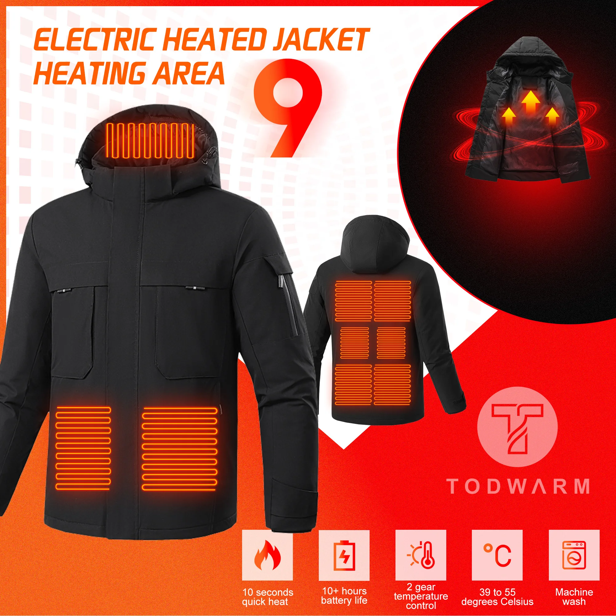 TODWARM Heating Jackets Men\'s Heating Vest USB Heating Clothing Heated Jacket Warm coat Winter Hiking Fishing Camping Camping