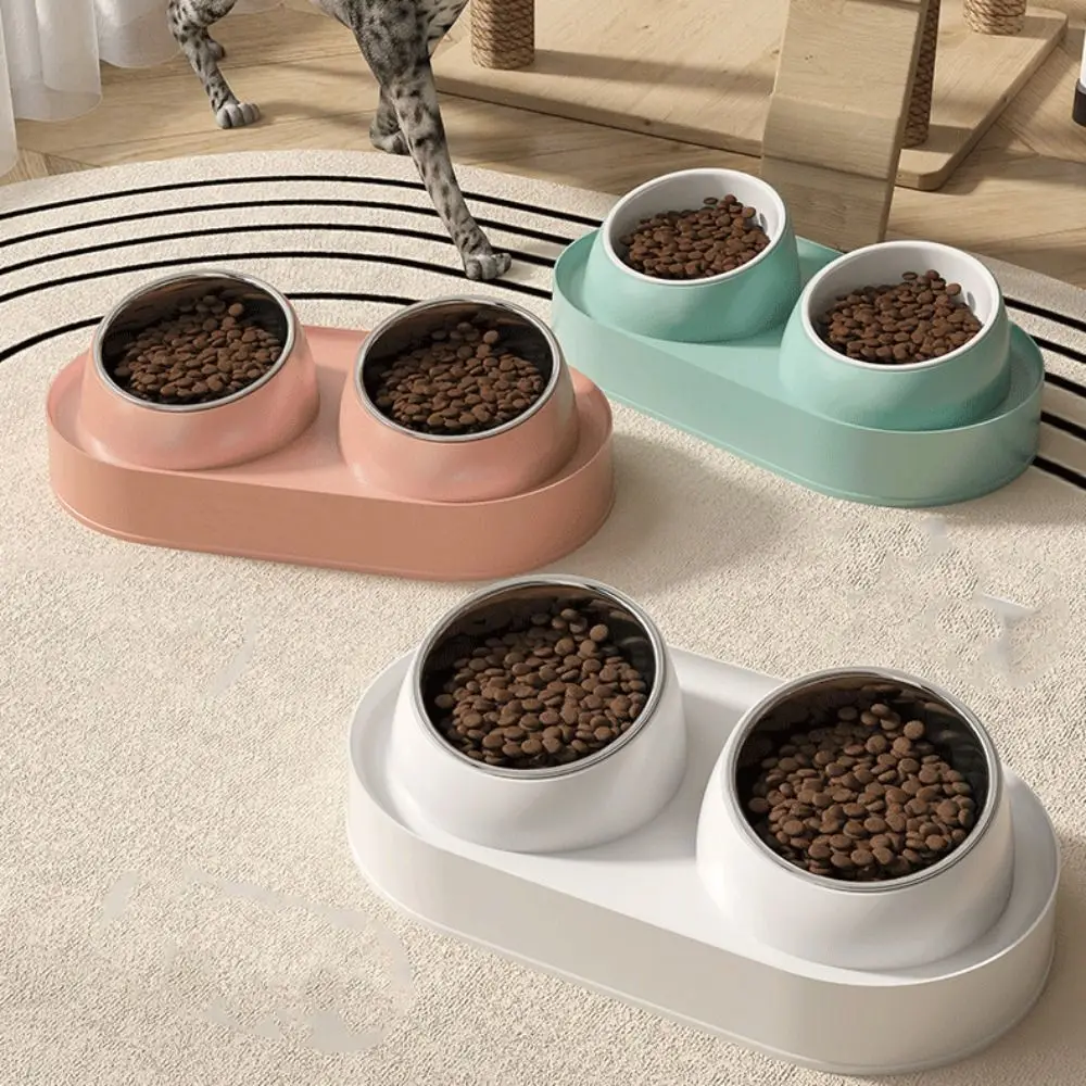

Slanted Mouth Pet Feeding Double Bowls Anti-Slip Cute Dog Food Basin Large Capacity Portable Pet Drinking Feeder Neck Protection