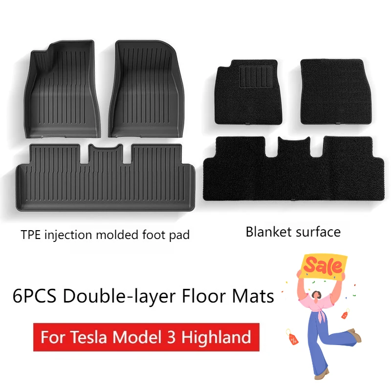 

6 шт. коврики для Tesla Model 3 Highland 2024 2025-Up двухслойные подушечки для ног TPE водонепроницаемые износостойкие автомобильные аксессуары