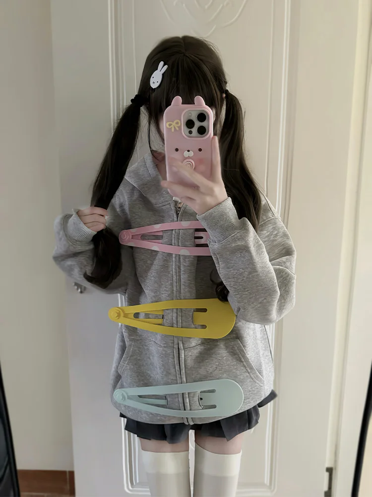 2026 Herbst Winter Damen Y2K Kawaii Oversized Zip-Up Hoodie mit 3D-Riesen-Haarspangen-Dekor und Polka Dots Kapuze, Grau, Lässiger Sweatshirt – Detail 5