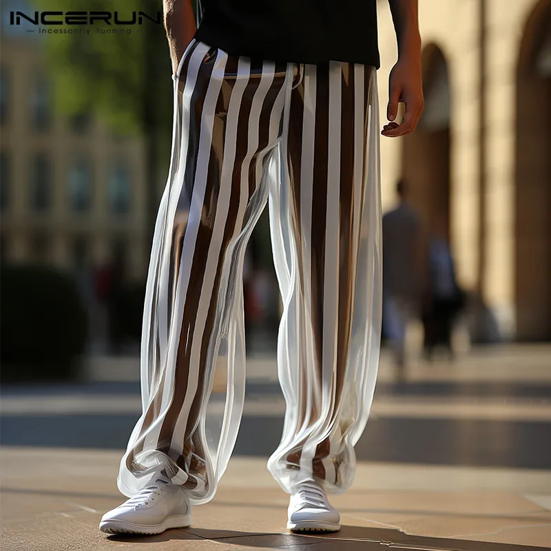 

2024 Men Striped Pants Mesh Transparent Elastic Waist Fashion Trousers Men Streetwear Loose Sexy Casual Pantalon S-2XL INCERUN