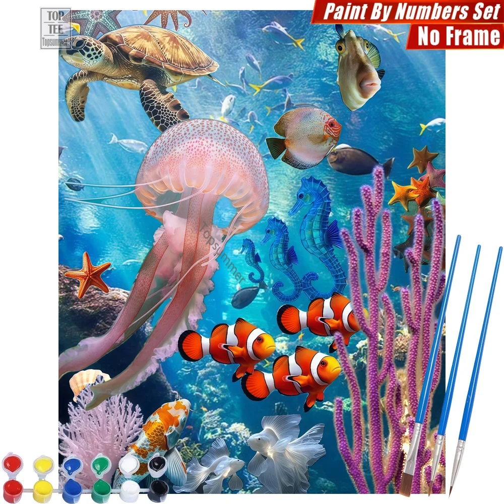 

Bustling Underwater Scene DIY Digital Oil Painting Kit - Colorful Marine Life Canvas Wall Art New Year'S Day Gift For Daughter