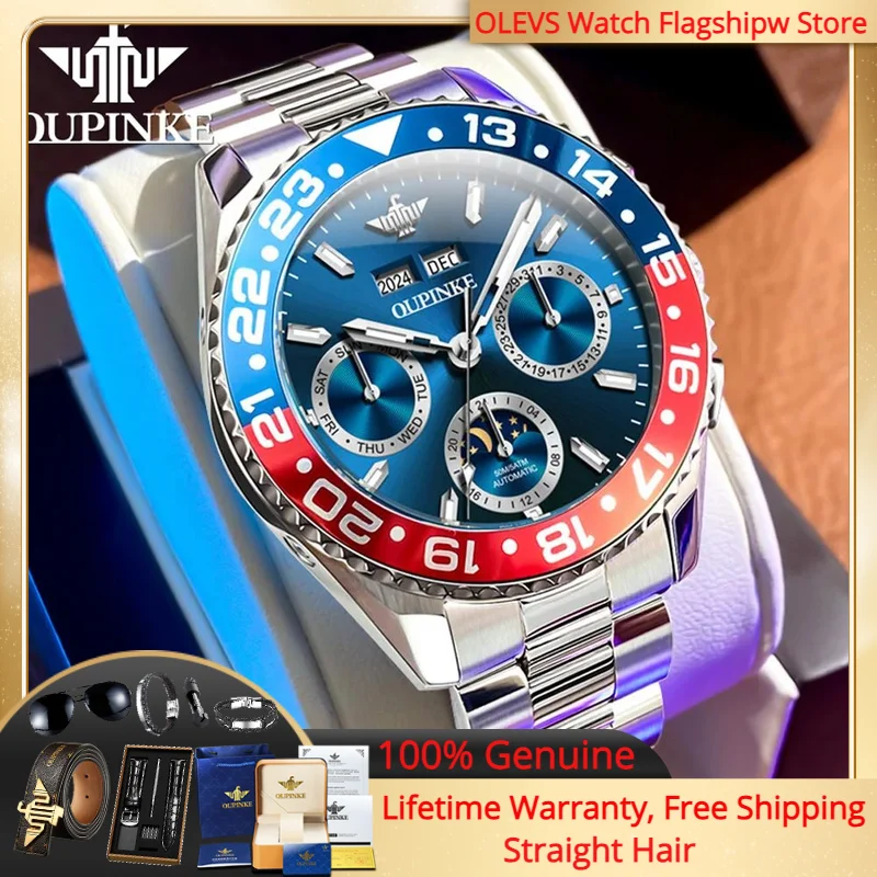 Oupinke 3271 relógio masculino original marca todo automático relógio mecânico multifuncional fase da lua cronógrafo presente superior reloj