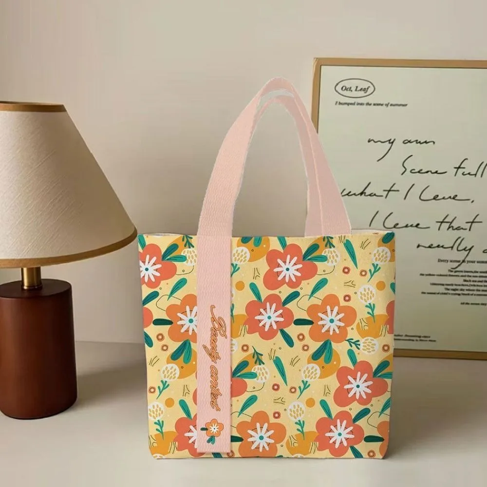 New Orange Flower Print Canvas Bag Reusable Large Capacity Tote Bag Versatile Lightweight Lunch Bag Work