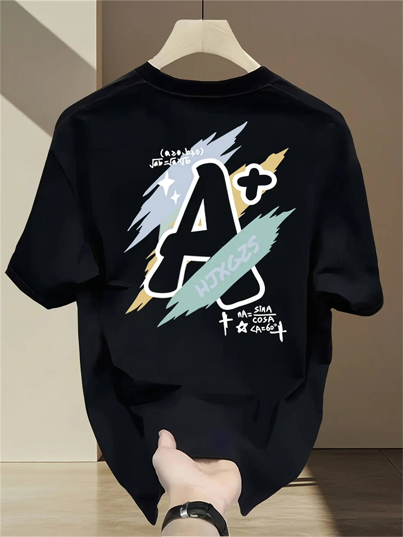 Front Back Printed Letter A Graffiti Math Formula Graphic T Shirt Men Street Hip Hop Abstract Brush Print 100% Cotton Short
