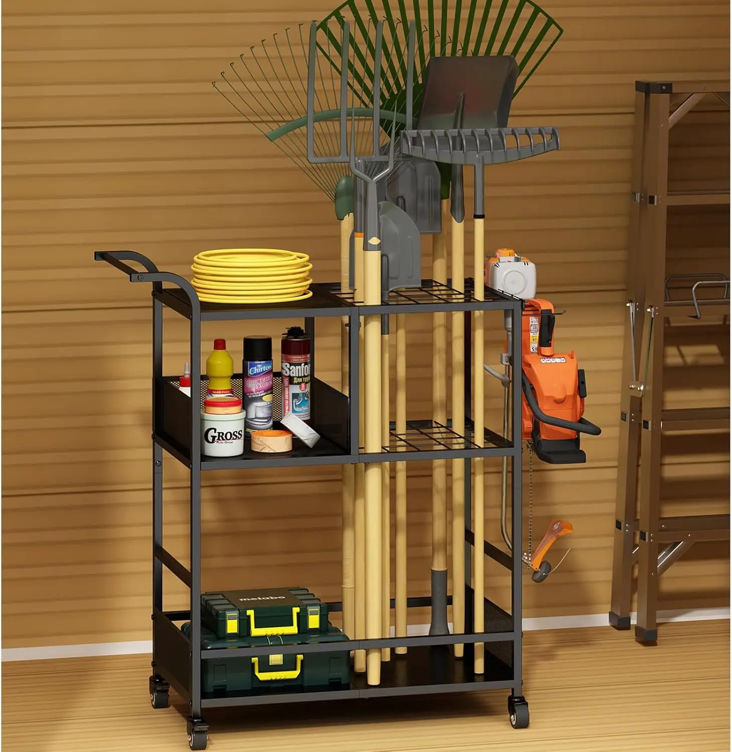 

GILLAS Garden Tool Organizer Cart, Yard Organizer for Garage, Up to 35 Long-Handled Storage Rack, Yard Holder for