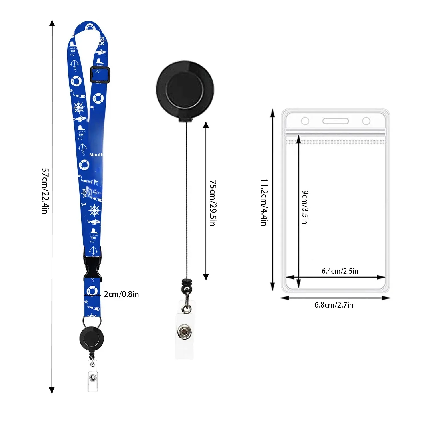 Smycz z nadrukiem morskim, oceaniczny, z wysuwaną łatką, pasek do telefonu komórkowego z łatką, zestaw dokumentów z łatką, neutralny minimalistyczny.