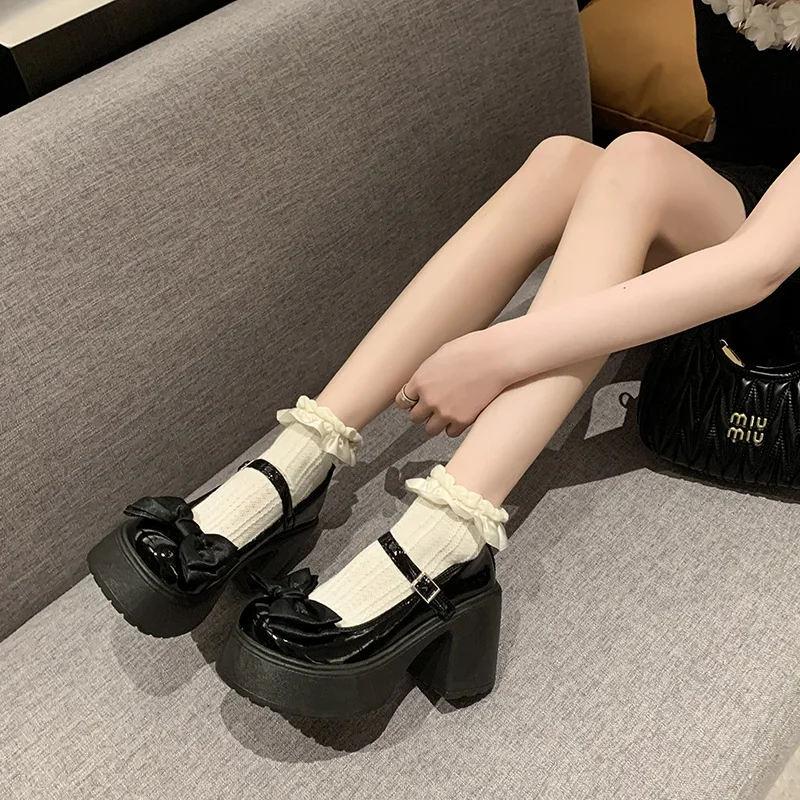 2024 Summer New Coarse Heel Mary Jane Single Shoes Fashion Bowknot Thick Heel Round Toe Pumps Trendy Street Lolita Shoes
