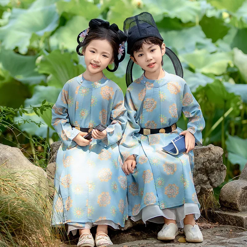 

Детская одежда для выступлений Hanfu, осенне-весенний длинный халат в китайском стиле, традиционный костюм для девочек, костюм для выступлений на Национальный день для мальчиков