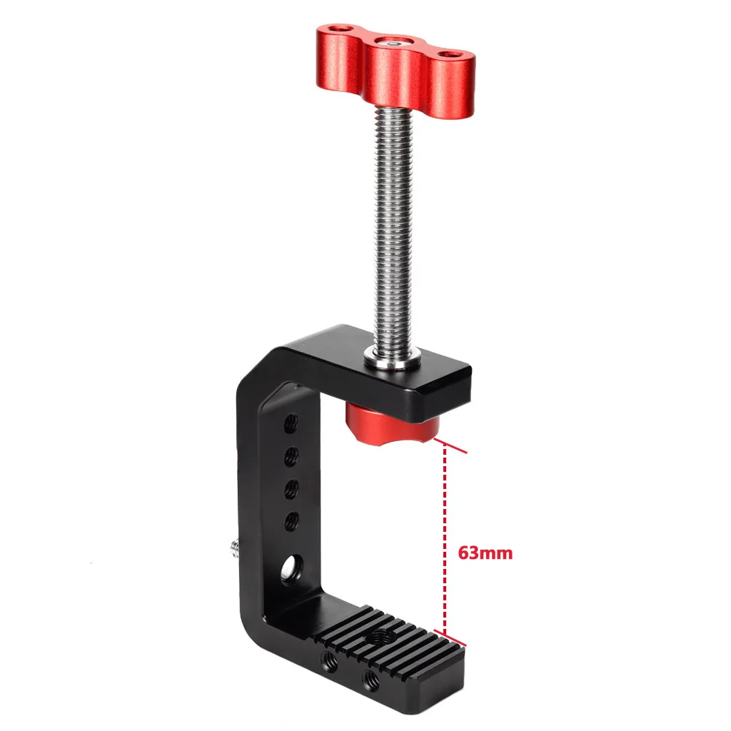 Aluminium C-Klemme mit Cold Shoe und Arri-Positionierloch 1/4" 3/8" Gewinde für DSLR-Kamera, Monitor, LED-Videoleuchte, Schreibtisch-Rig – Detail 2