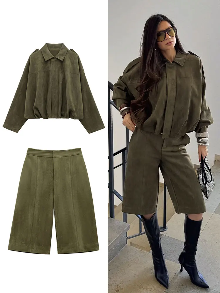 HH Spring Women Suede Coat Pant Sets Lapel Long Sleeve Zipper Jackets Casual Shorts 2025 New Fashion High Street Lady Outfit