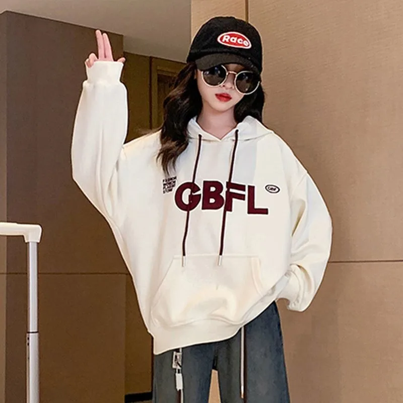 

2025 New Arrival Spring & Autumn Girls' Medium-Large Size Stylish Loose Fit Letter Print Hoodie