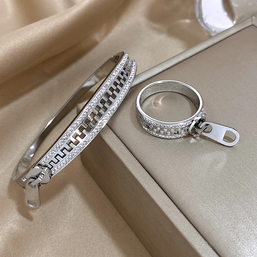 Greatera Zipper Cubic Zircon Filled Sparkly Buckle Bracelet Ring For Men Personality Design Stainless Steel Women\'s Jewelry