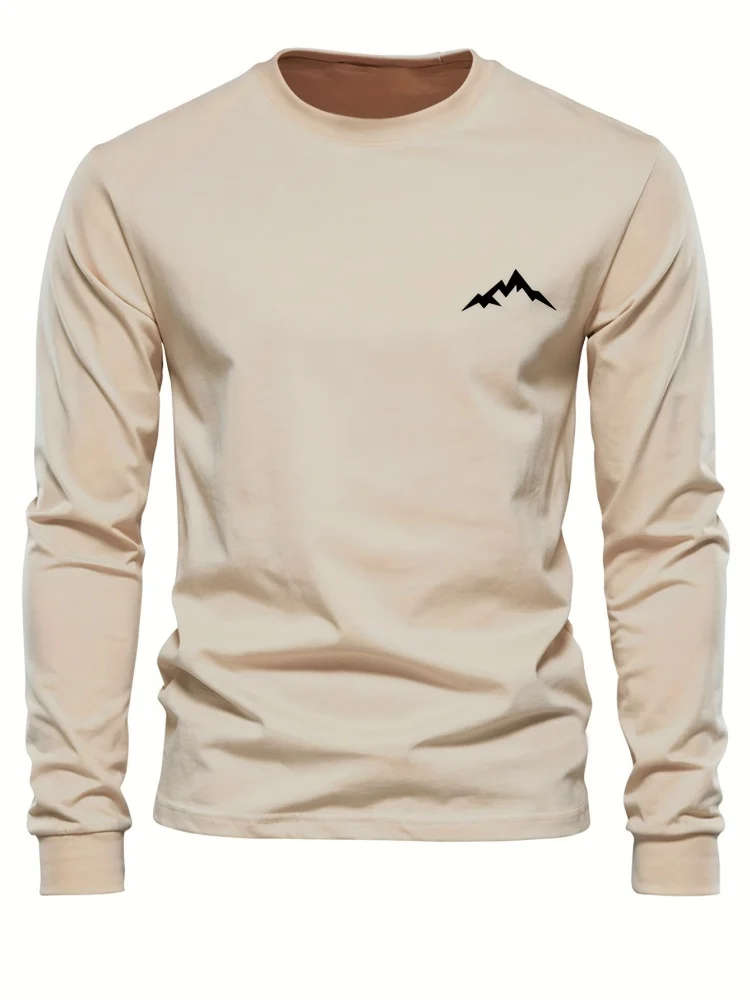 Autumn Men's Long Sleeve T-Shirt Pattern Printed T-Shirt Gray Comfortable Top Solid Color Versatile Men's Clothing Men's T-Shirt