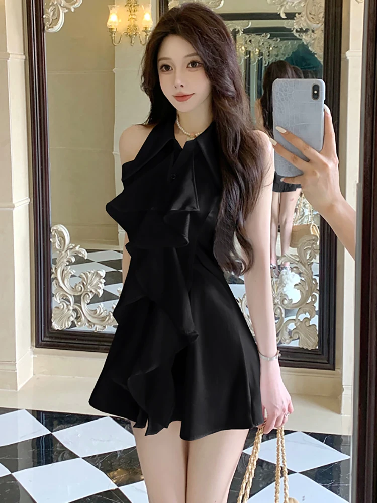 Summer White Ruffled Bodycon Short Dress Women Fashion Chic Sleeveless Polo Collar Shirt Dress 2025 Korean Elegant Casual Dress