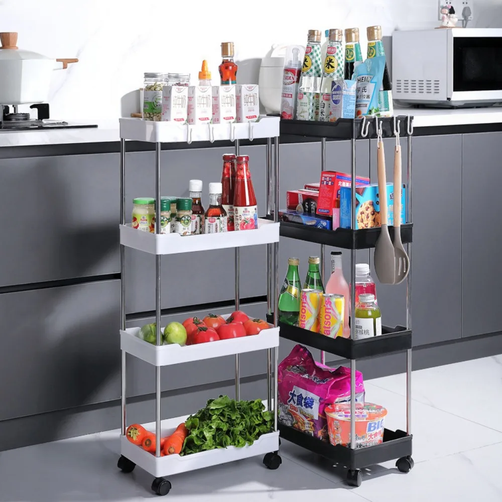 Slim Storage Cart On Wheels Rolling Utility Slide Bathroom Trolley 3/4 Tier Bookshelf Organize Snacks Carts Kitchen Bedroom Rack