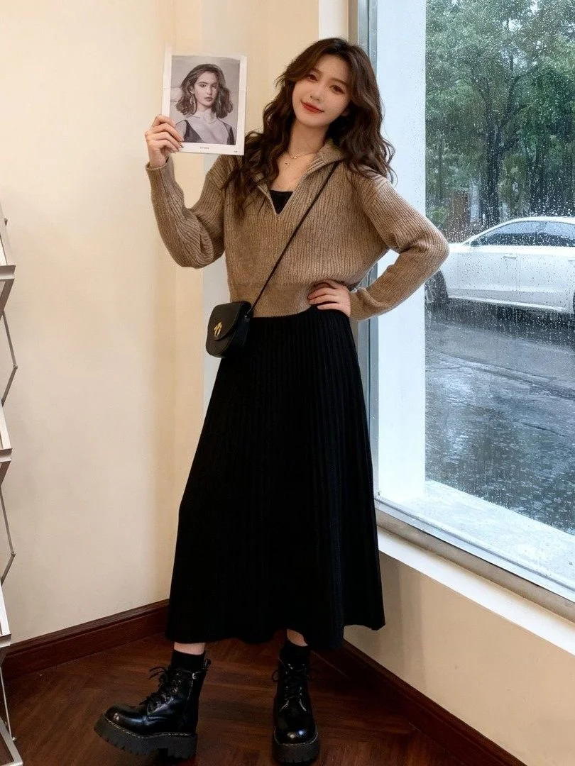

Корейский зимний комплект, женский нежный вязаный свитер с ленивым воротником и эффектом похудения, юбка с высокой талией, комплект из двух предметов