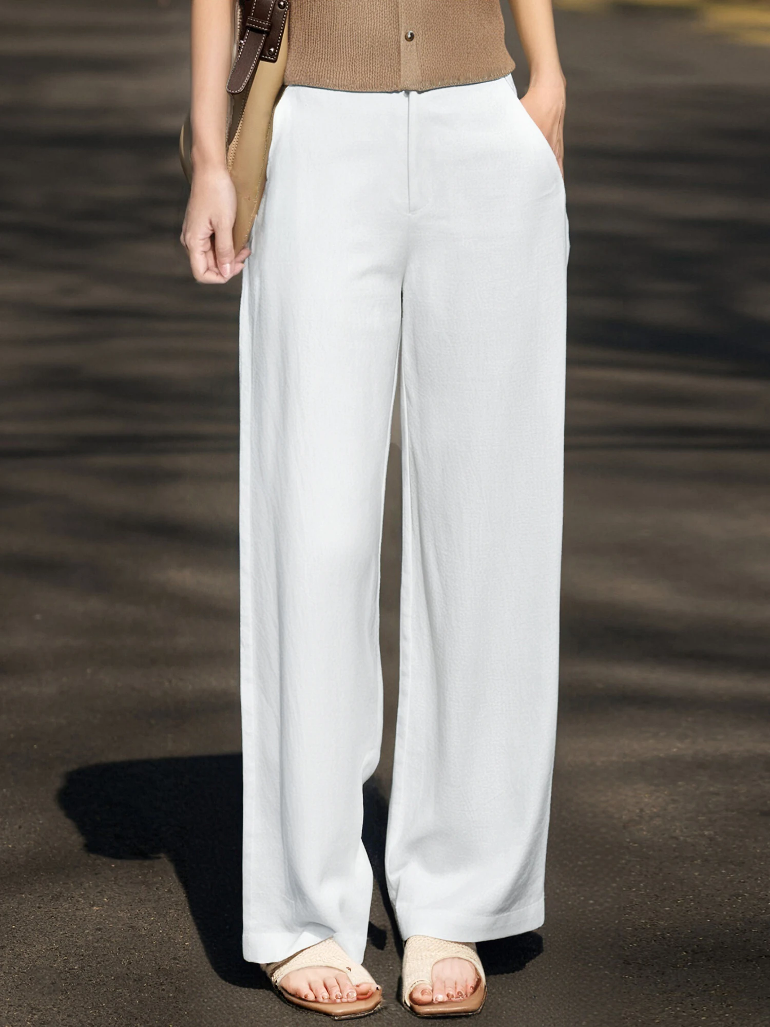 

High Waist Straight Leg Wide Leg Pants Women's Loose Long Trousers Linen Fabric Chivirin Commute Sle Korean Version