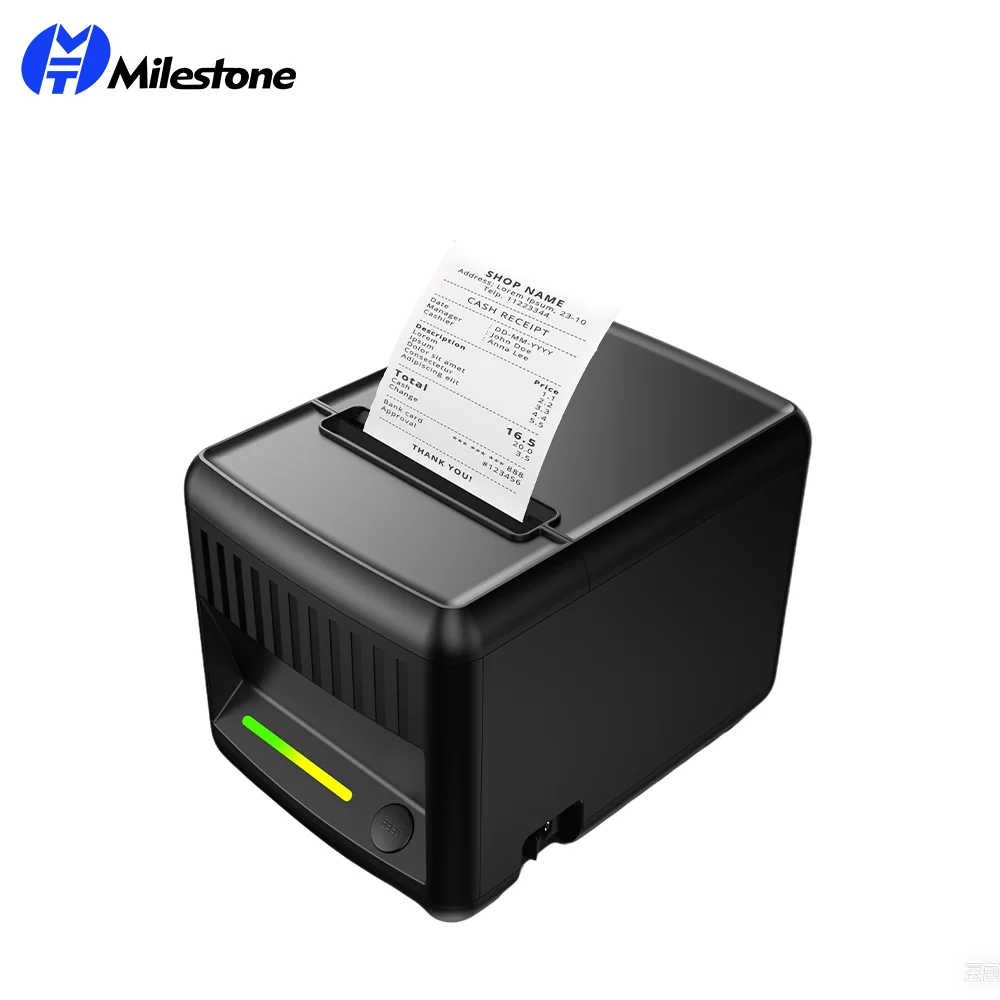 Impresora Térmica de Recibos Milestone de 80 mm, Impresora POS con Cortador Automático, Interfaz USB LAN RJ11, Zumbador de 75 dB, Luz RGB para Cocina