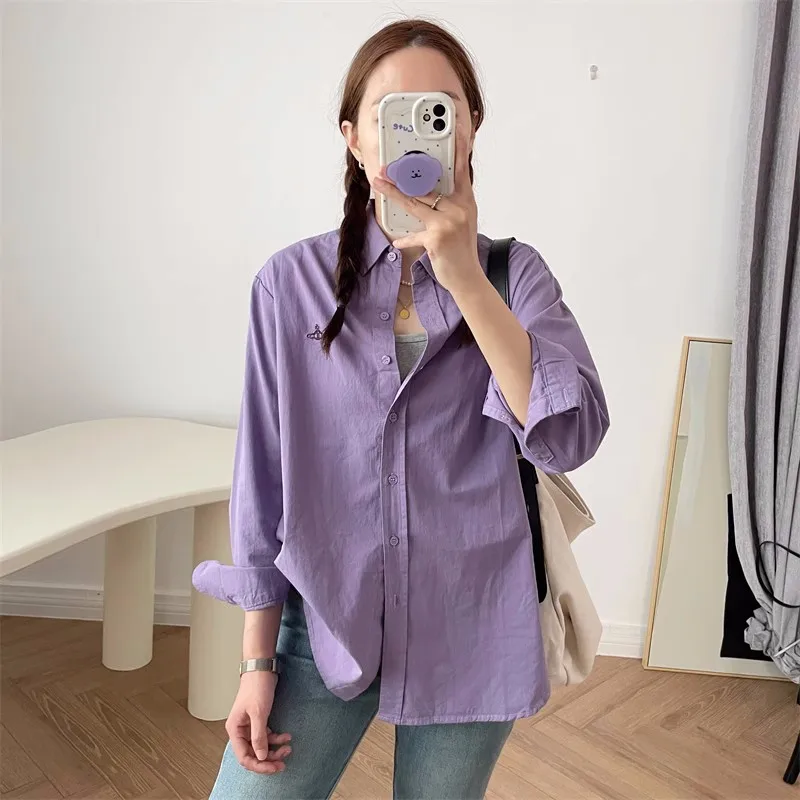 

Embroidery Casual Shirt Woman Fashion Spring 2024 New Solid Loose 100% Cotton Basic Overshirt Blouse