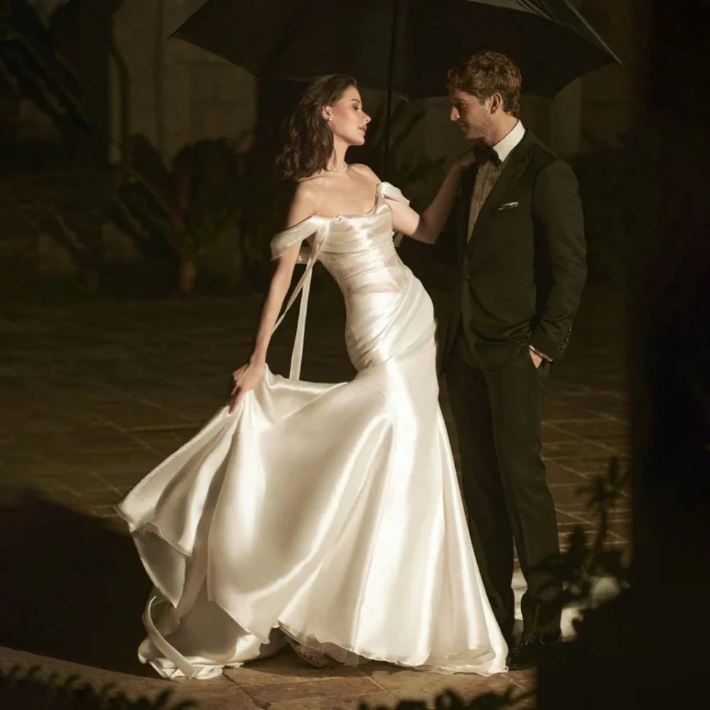 

Customized Elegant Ruffles Wedding Dress Exquisite Off The Shoulder Satin Bridal Gown Mermaid Wedding Gown Vestidos De Novia