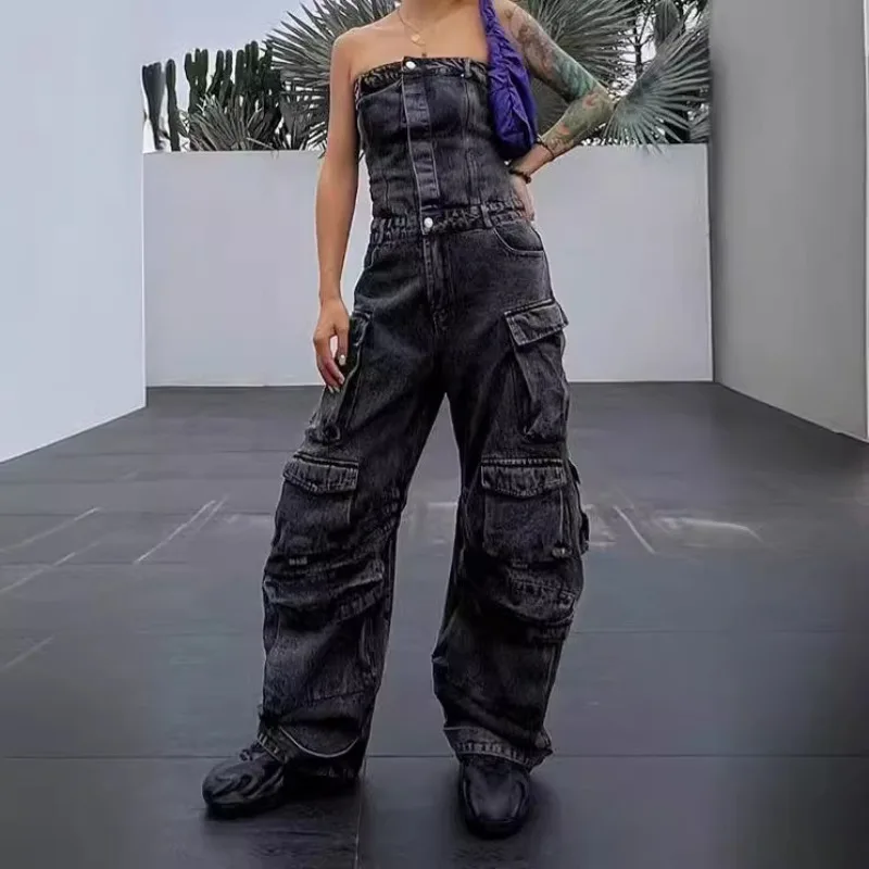 New Fashion Street Style Tube Top Waist and Body Spice Multi-pocket Denim Overalls Jumpsuit Women