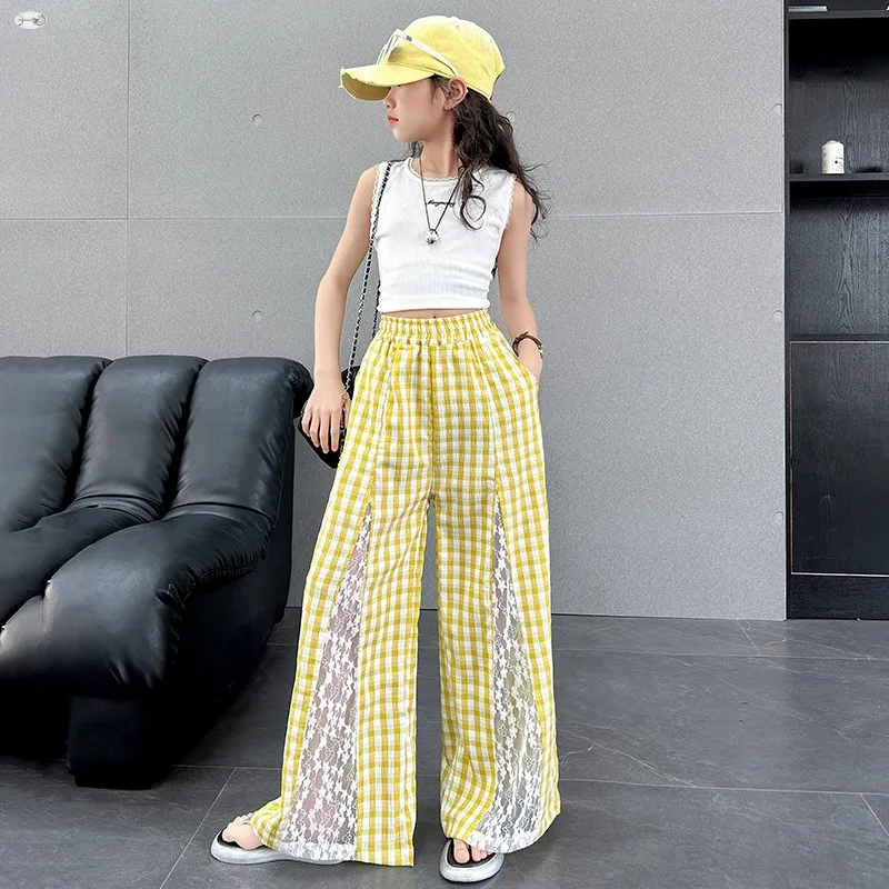 

Лето 202, новые кружевные клетчатые широкие брюки для девочек, детские тонкие свободные повседневные брюки с высокой талией