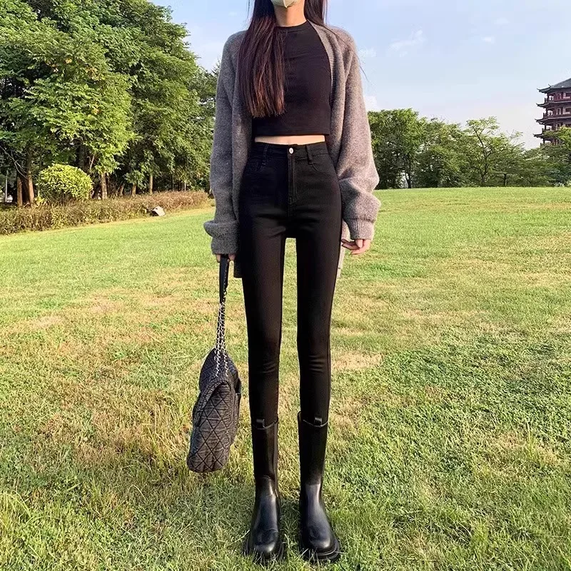 

Black High Waist Nine-Tenths Spring Autumn Women's Skinny Jeans Thin Cotton Elastic Denim Pants Long Trousers