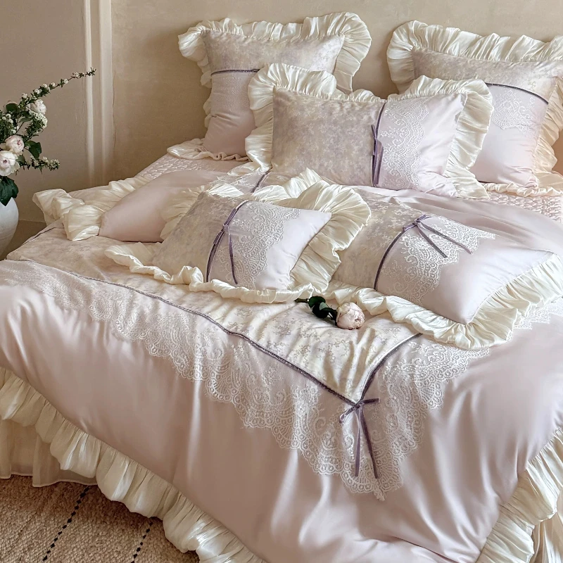 French romantic girl jacquard tencel cotton four-piece set lace yarn lace quilt cover bedding