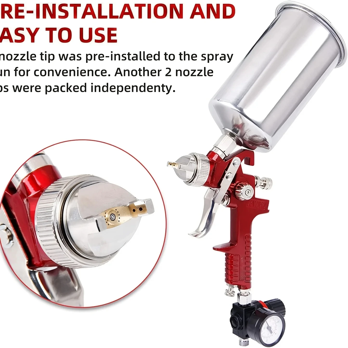 High Performance HVLP Gravity Feeding Spray Gun with 1.4mm 1.7mm 2.0mm 2.5mm Nozzle, 1000cc Aluminum Cup, Black Pressure Gauge