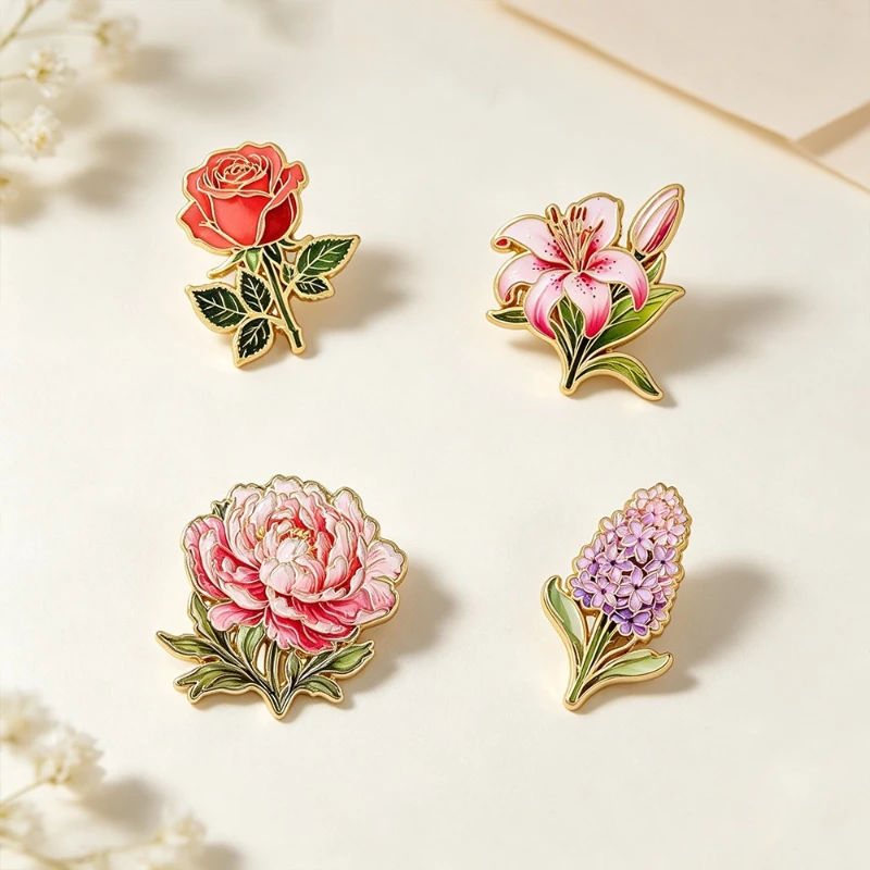 New Fashion Flower Brooch Rose Lily Peony Hyacinth Design Metal Casual Badge Pins DIY Clothing Bags Hat Scarf T-shirt Accessory