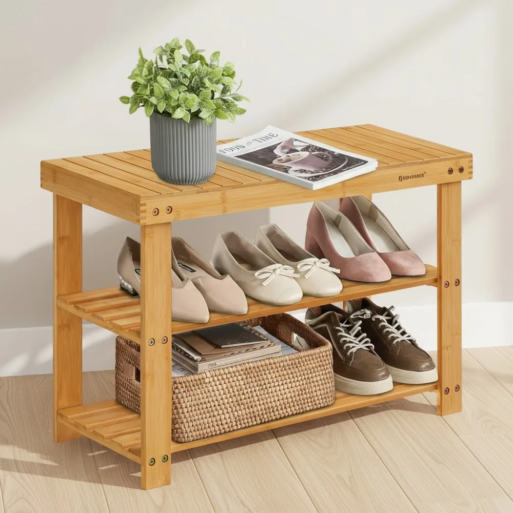 

3-х уровневая бамбуковая полка для обуви, органайзер для хранения в прихожей вмещает 286 фунтов, для гостиной, спальни, ванной комнаты