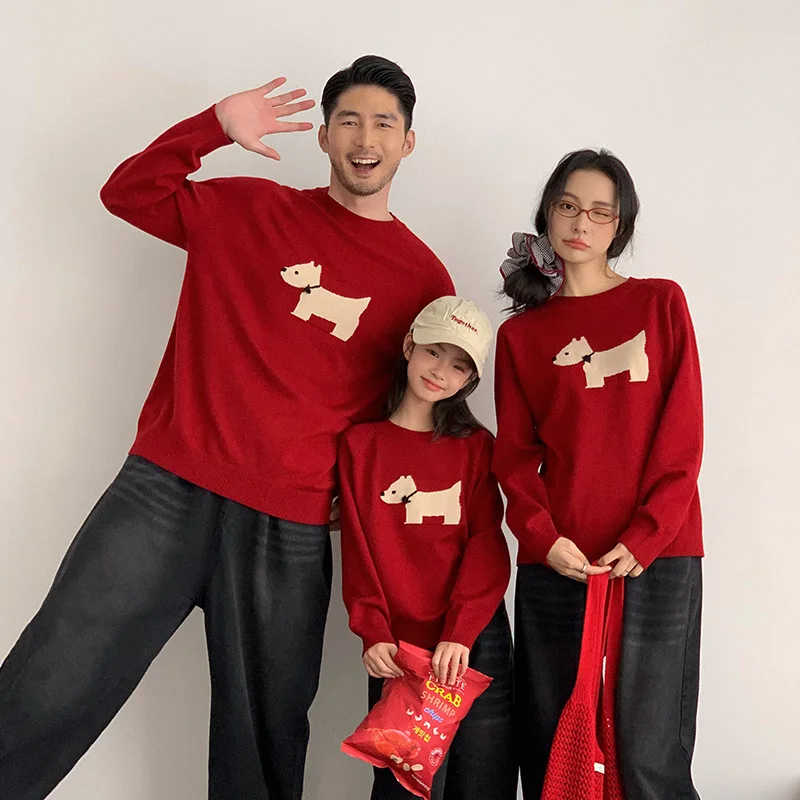 2025 New Years Christmas Family Matching Sweaters for Parents & Kids Red Puppy Print Cute Knitwear Set Warm Winter Outfit