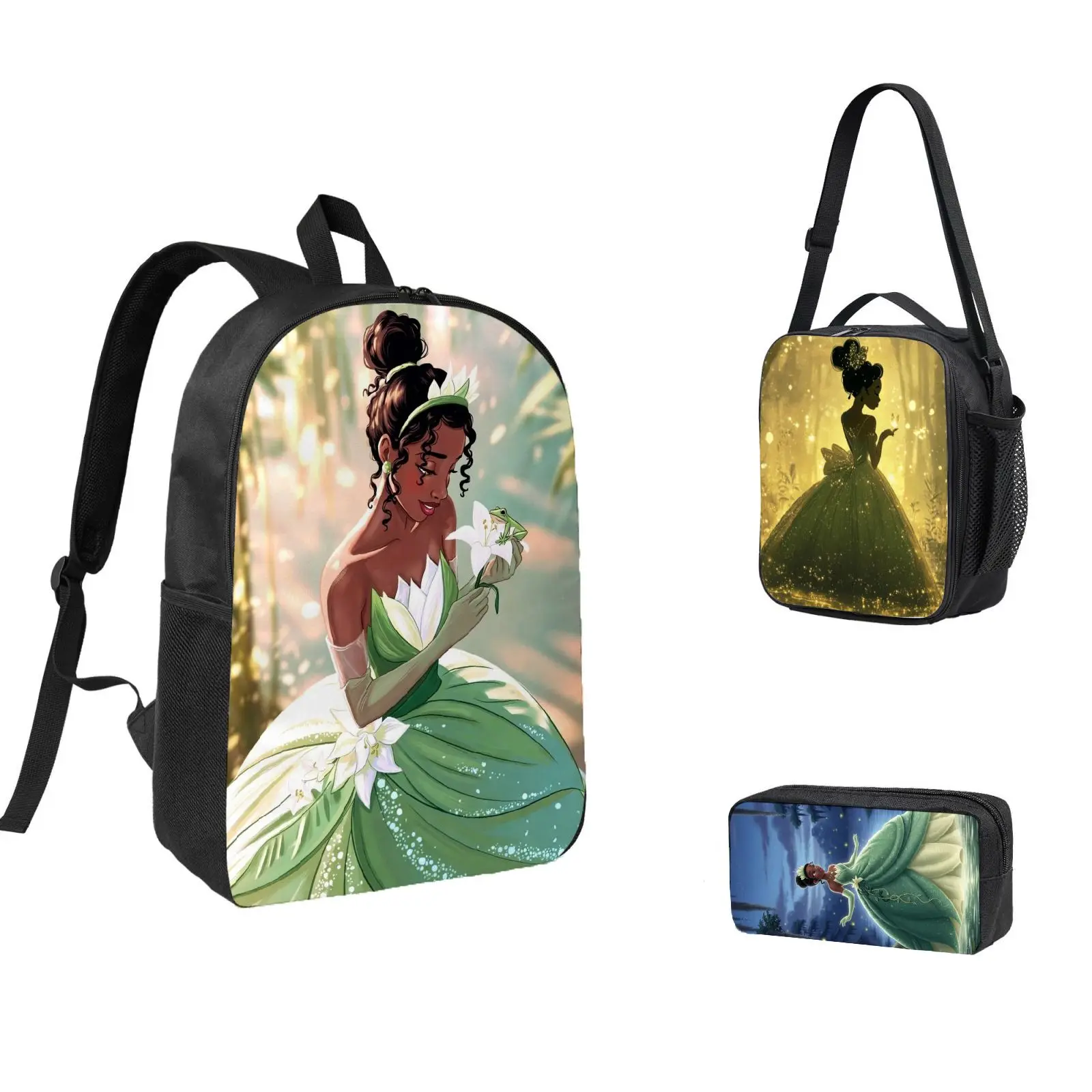 

3pc Frog Princess Backpack, Pencil Case, Lunch Bag, High-Quality Cute Casual Shoulder Bag for Everyday Use