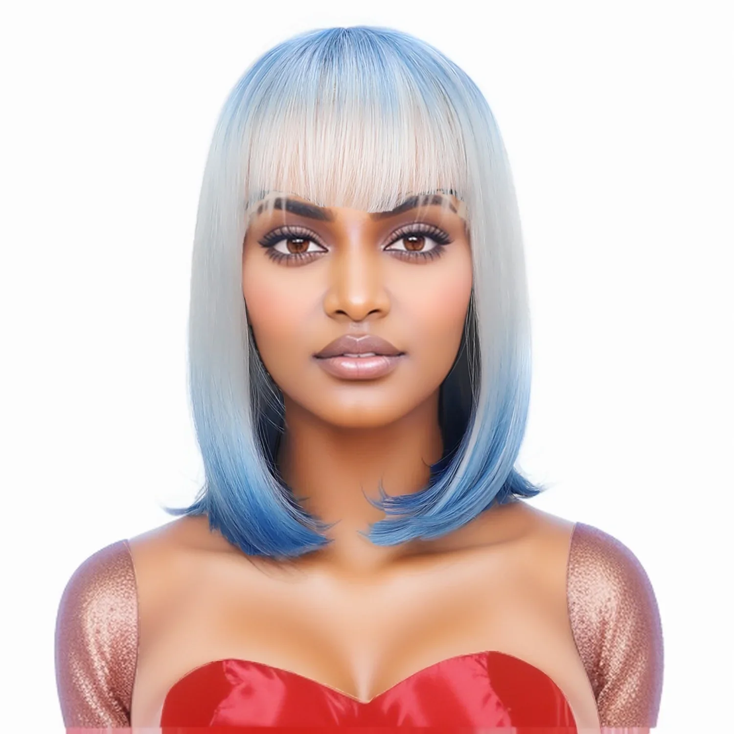 Blue Rainbow Wigs Short Straight Hair Stunning Blue Ombre Bob Wig with Bangs Synthetic Cosplay Hairpiece for Stylish Look