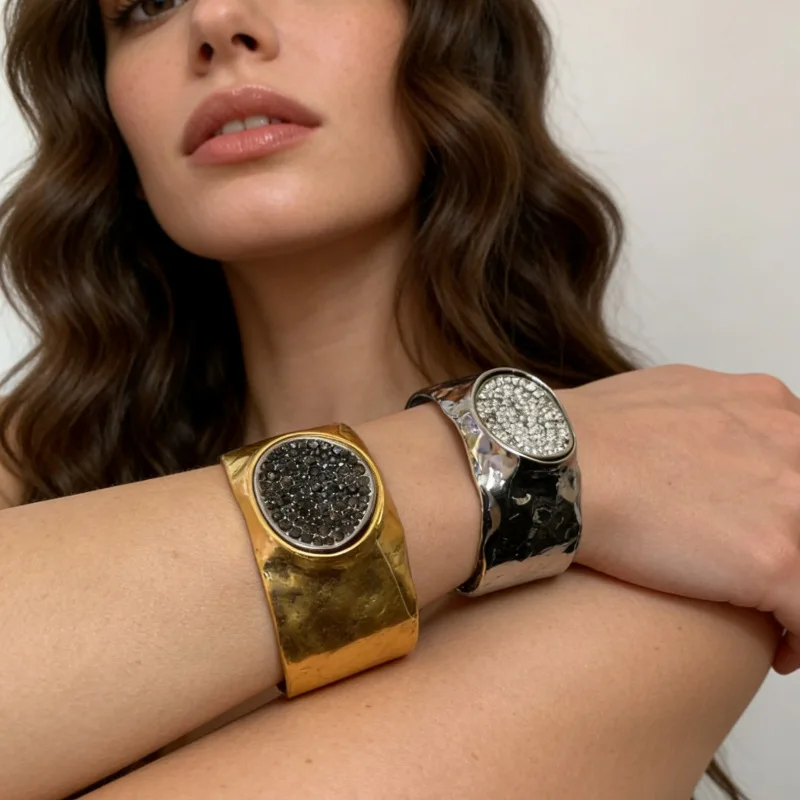 

Vintage Metal Texture Inlaid Zircon Bangle, Irregular Round Open Arm Ring Fashion Luxury Minimalist Cuff Bracelet for Women