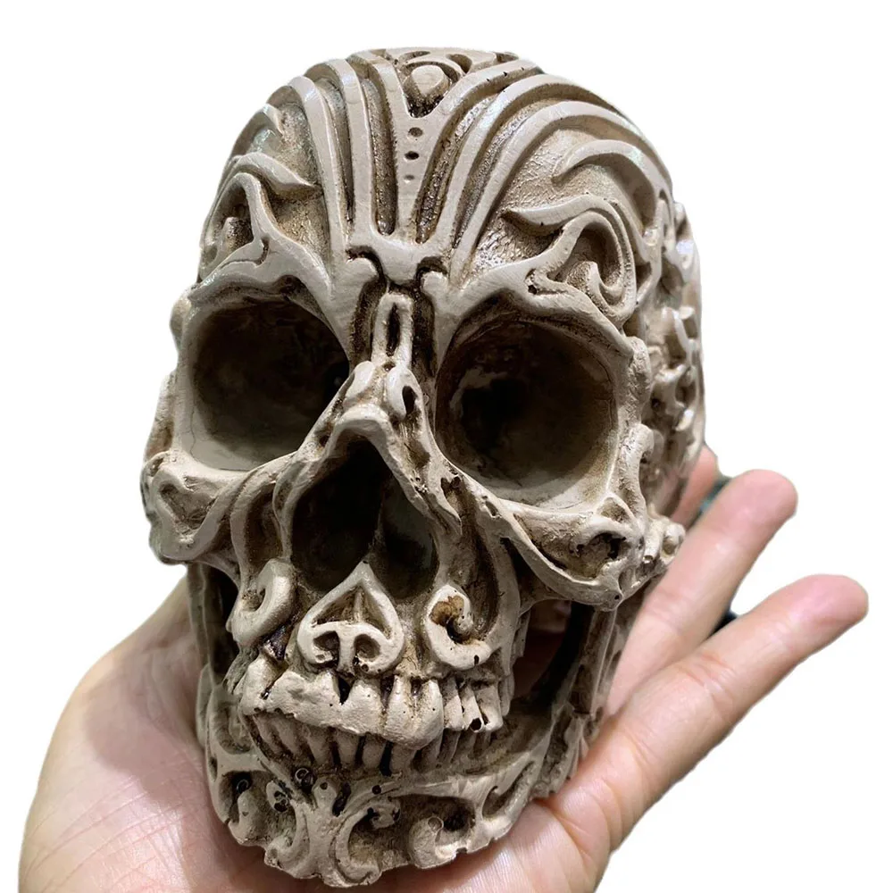 

Resin Relief Carved Skull Head Statue Crystal Ball Base Holder Craft Ornaments Home Decoration Halloween Party Accessories