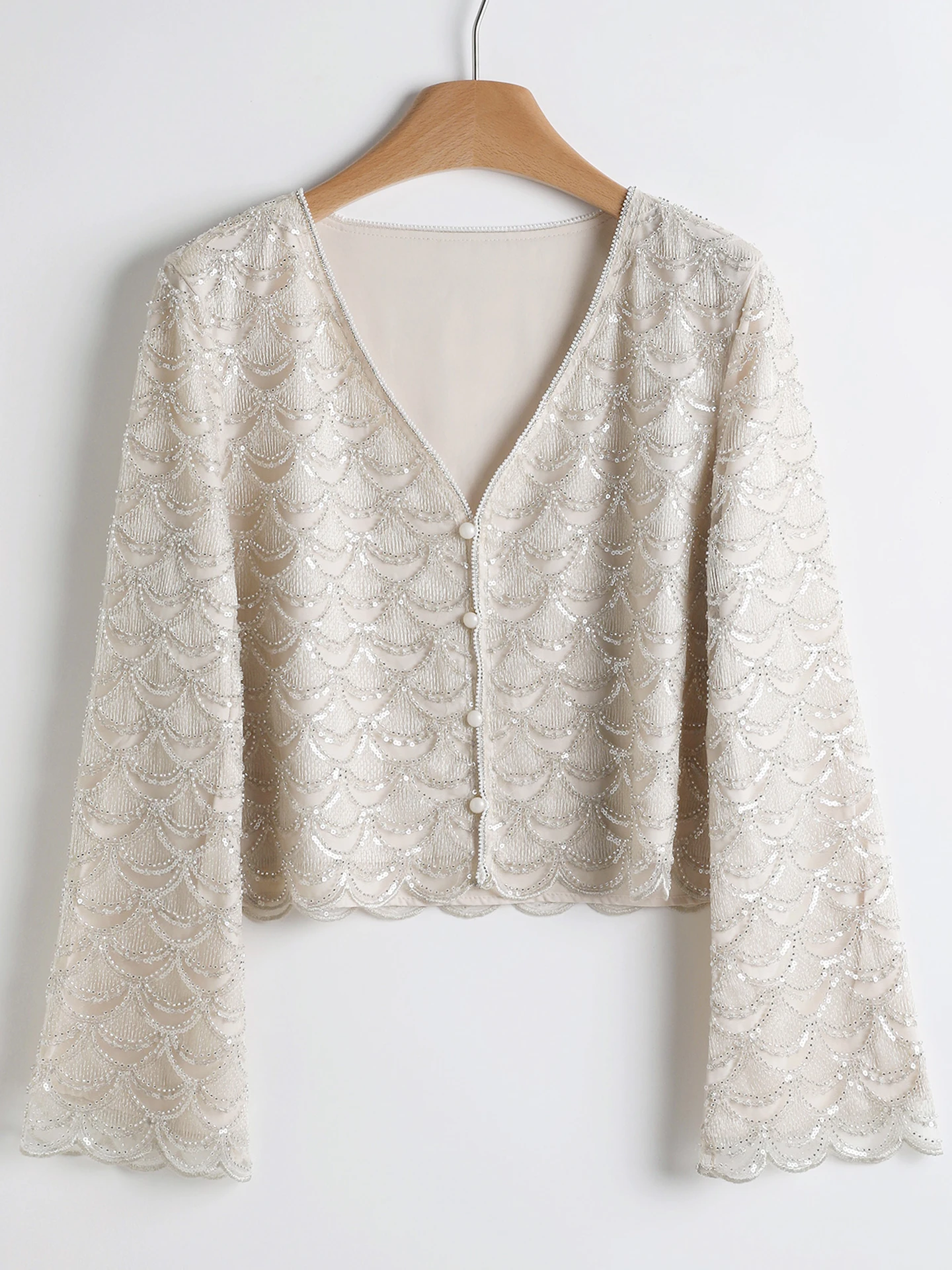 

Chic women's sequined cardigan - long sleeved solid color, spring and autumn fashion, knitted fabric, open design, suitable for