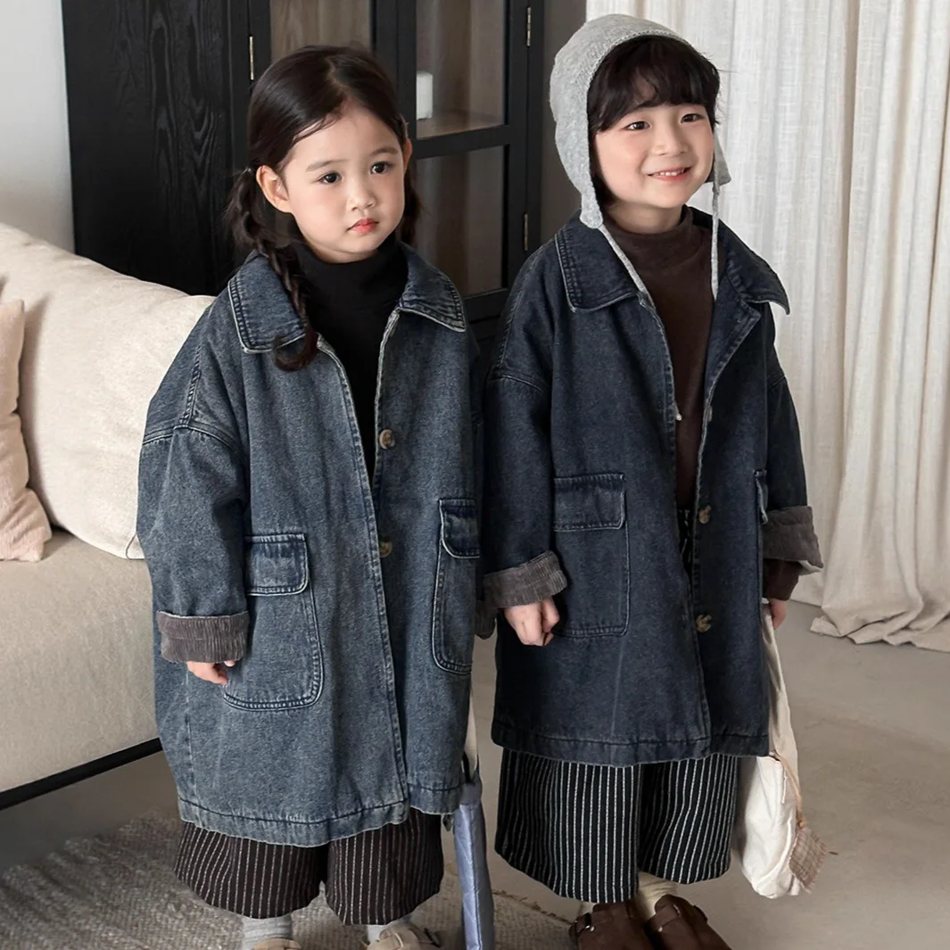 

2025 Fall Kids Long Denim Coat for Boys & Girls Toddler Loose Turn-Down Collar Jacket Outerwear Autumn Casual Korean Style