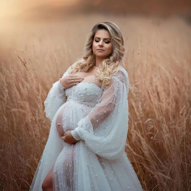 Maternity Photography Props Women Pregnancy Transparent Tulle Pearl Long Dresses for Photography photo shoot Props Cloth