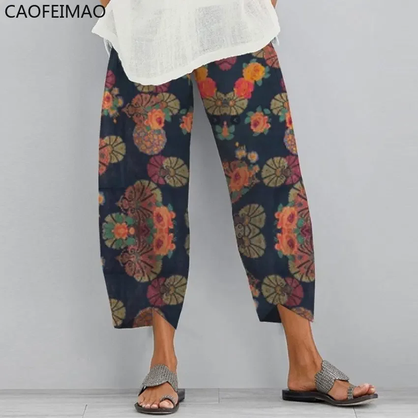 Cotton Linen Harem Pants Women Vintage Elastic Waist Wide Leg Trousers Female Casual Harajuku Pockets Loose Yoga Pants Pantalon