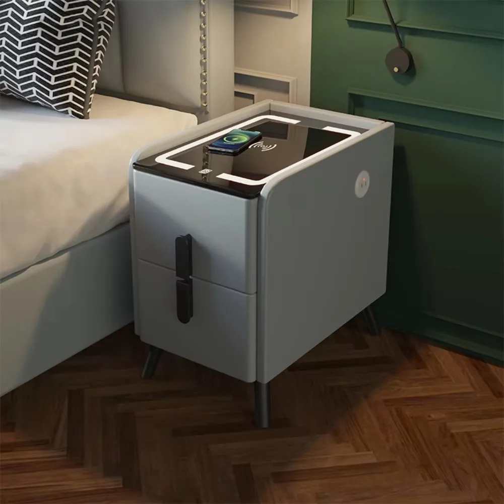 Smart Bedside Table Drawers Stand Tri-color Adjustable LED Light Rechargeable Home Side CabinetLock Solid Wood Bedside Tables