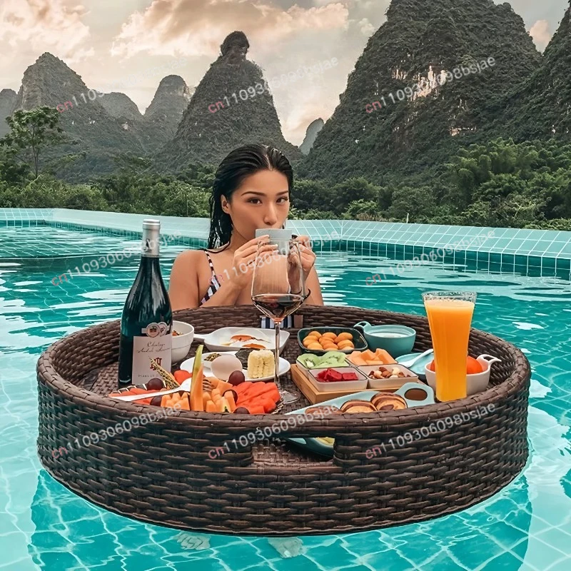 Holiday wind rattan tray float water breakfast basket swimming pool floating storage basket outdoor floating dining plate round