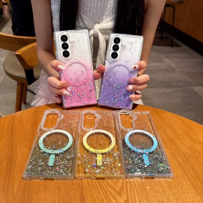 Custodia magnetica trasparente per telefono con gradiente glitter di lusso per Samsung Galaxy Z Fold 7 6 5 4 3 5G per copertura di ricarica wireless Magsafe