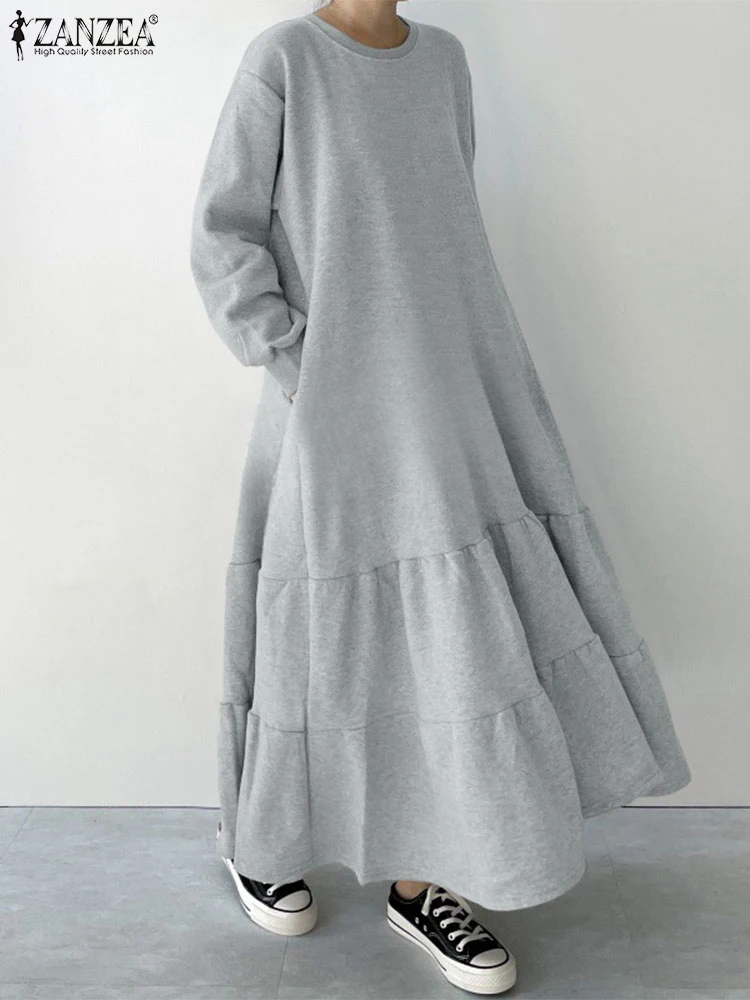 ZANZEA Stilvolle Rüschen Saum Sweatshirt Kleider 2025, Herbst Rundhals Langarm Einfarbig Pullover Roben Femme Maxi Vestidos