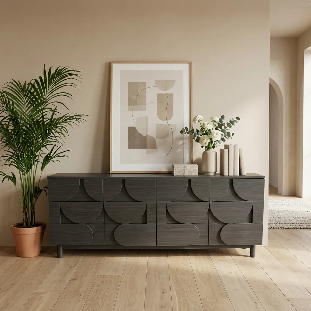xx-Modern Oak Looking 4 Door Patterned Wooden Sideboard for Living Room Furniture^