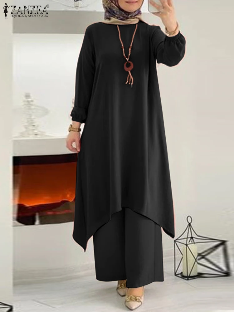 ZANZEA Fashion Women Autumn Muslim Sets 2PCS Casual Long Sleeve Blouse Suits Wide Leg Pants Sets Dubai Turkey Islamic Clothing