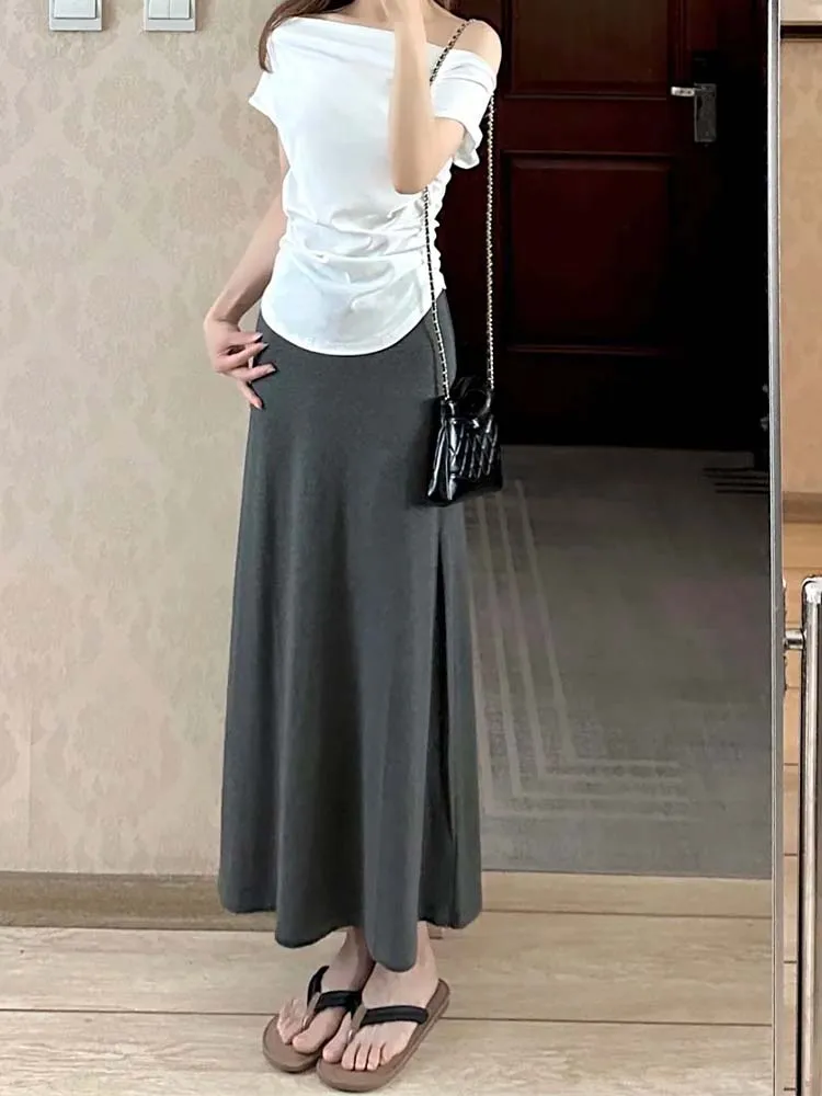 Gonna a trapezio europea leggera di dimensioni estese per donne alte Estate New Sle Versatile drappeggiato a vita alta Taglio dritto