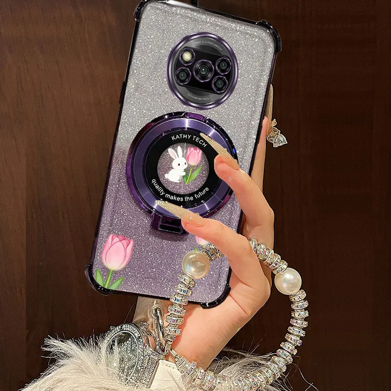 เคสโทรศัพท์มือถือ Xiaomi Mi Poco X3 Nfc GT M3 Pro X5 F3 F4 X6 M6 พร้อมสายคล้องมุก ประดับกลิตเตอร์ ลายกระต่ายน่ารัก พร้อมขาตั้ง